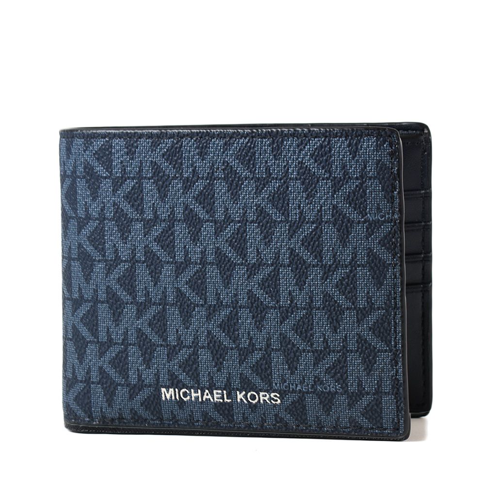 Michael Kors  男款 緹花LOGO防刮八卡短夾/附證件夾-藍色