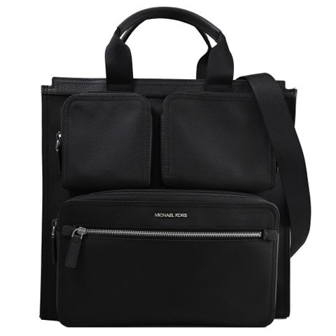 MICHAEL KORS KENT 浮雕LOGO帆布拼皮兩用托特包.黑