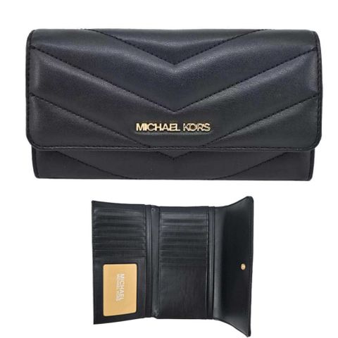【Michael Kors】金標三形小香風 17卡釦式後拉鍊中長夾-優雅黑