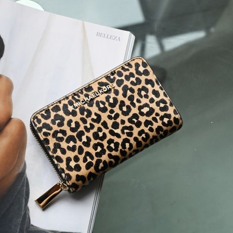 MICHAEL KORS JET SET 豹紋印花拉鍊卡片零錢包.黑邊