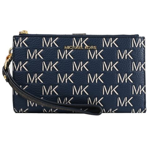 Michael Kors JET SET 撞色印花手提式雙拉鍊長夾.深藍