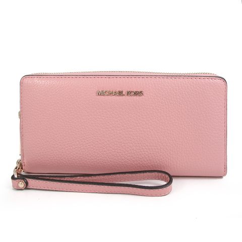 MICHAEL KORS JET SET TRAVEL 櫻花草粉色金字LOGO鵝卵石紋皮革手提式長夾
