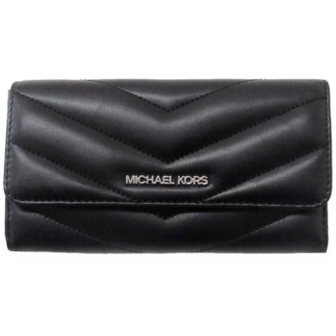 Michael Kors 銀標三形小香風 17卡釦式後拉鍊中長夾-優雅黑