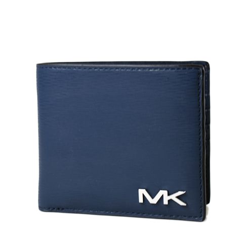 MICHAEL KORS 男款 金屬鏤空LOGO水波紋八卡短夾-藍色