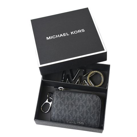 Michael Kors 男款 緹花LOGO防刮L型拉鍊零錢包/鑰匙圈禮盒-黑色