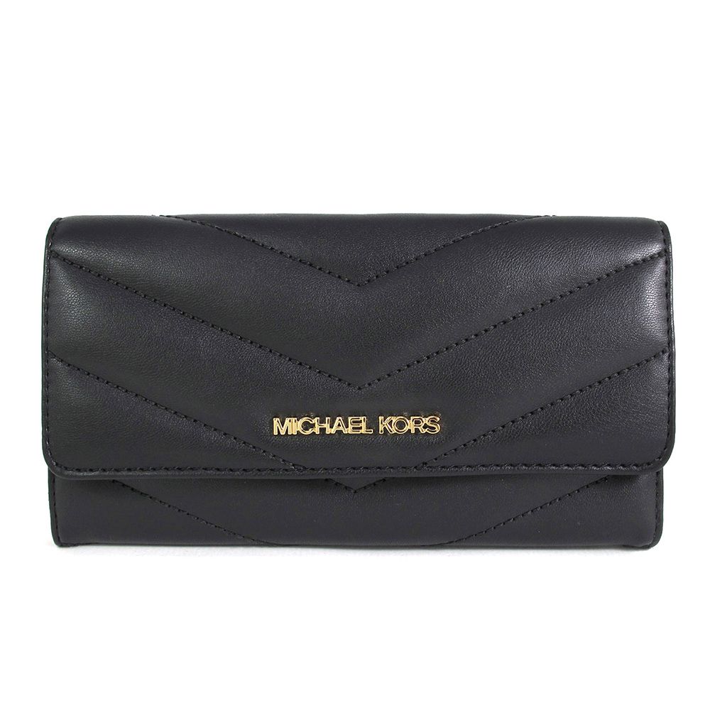 Michael Kors  JET SET TRAVEL 金字Logo黑色山型紋绗縫三折式長夾