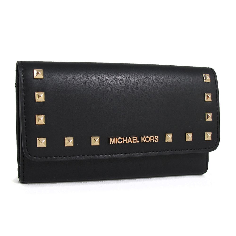 Michael Kors  JET SET TRAVEL 金字Logo鉚釘配飾黑色三折式長夾