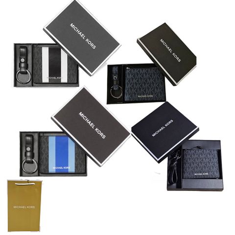 MICHAEL KORS 男款 經典印花LOGO直條紋皮夾.鑰匙圈禮品組 送原廠提袋