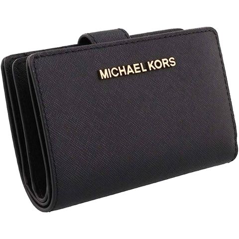 Michael Kors JET SET金字素面防刮皮革中夾 黑色