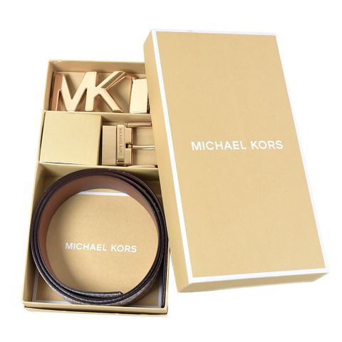 Michael Kors 女款 緹花LOGO雙釦頭雙面用皮帶禮盒組-白色/特