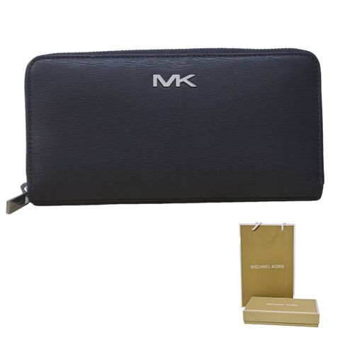 Michael Kors Michael Kor銀字Logo防潑水黑色水波紋型拉鍊長夾 贈原廠紙盒紙袋