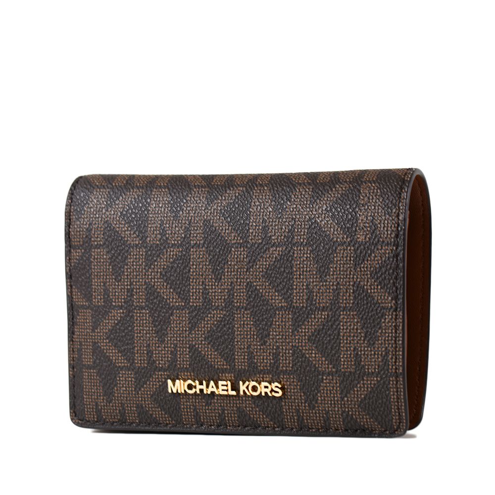 Michael Kors 專櫃款 緹花LOGO釦式對開中夾-咖啡色