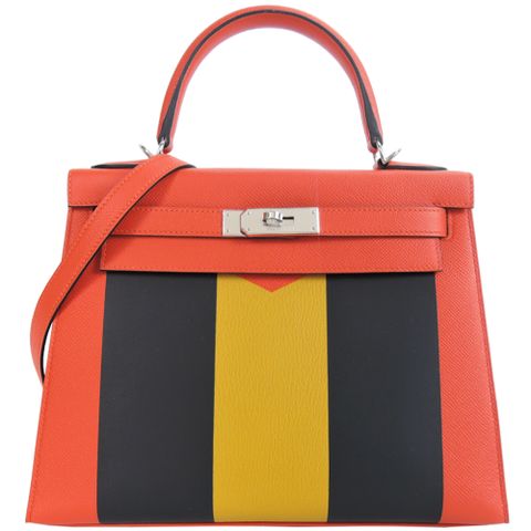 HERMES Kelly 28CM AA Epsom C刻 牛皮手提/肩背凱莉包(字母M/銀釦)