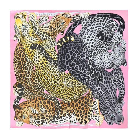 Hermes 愛馬仕Lazy Leopardesses 90 慵懶豹真絲方巾(粉)