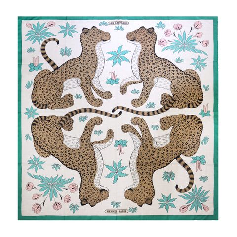 HERMES 愛馬仕 Les Leopards 四隻豹 140 混羊絨披肩/方巾(米咖綠)