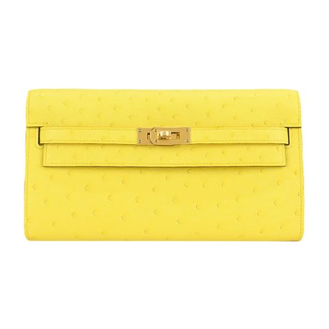 HERMES 愛馬仕 Kelly To Go Wallet 鴕鳥皮長夾/斜背包(Z刻/9N檸檬黃/金釦)