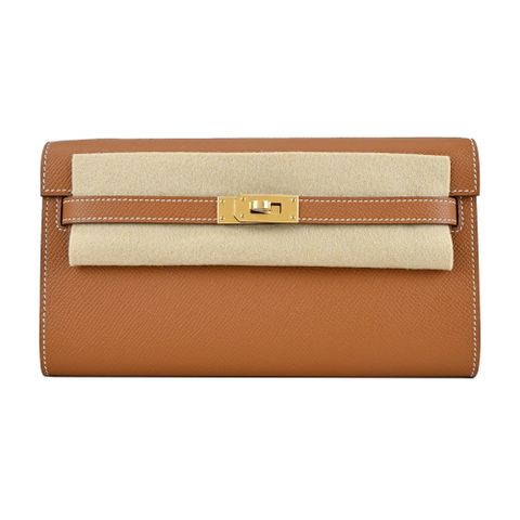 HERMES Kelly To Go Wallet 防刮牛皮長夾/斜背包(Y刻/37焦糖棕/金釦)