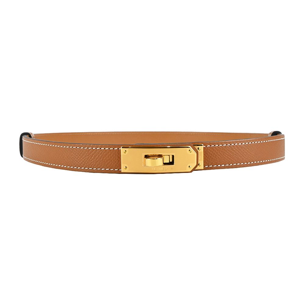 HERMES 愛馬仕 Kelly Epsom皮革女仕細腰帶/皮帶(37金棕/金扣)