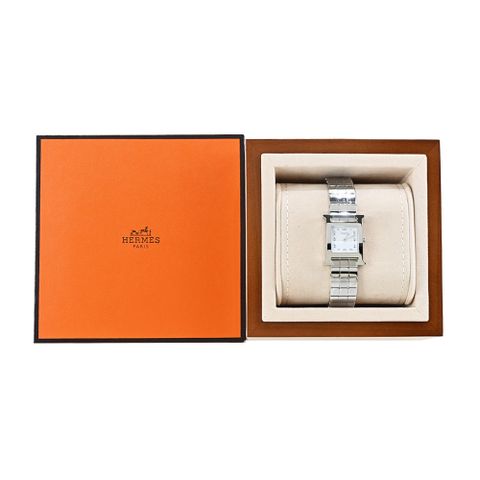 HERMES 愛馬仕 Heure H 旭日形壓印圖精鋼腕錶女仕腕錶(銀/21mm)