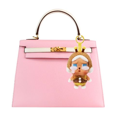 HERMES 愛馬仕 Kelly 25cm 雙色羊皮手提/肩背凱莉包(馬蹄印訂製款/00粉/U刻/金釦)