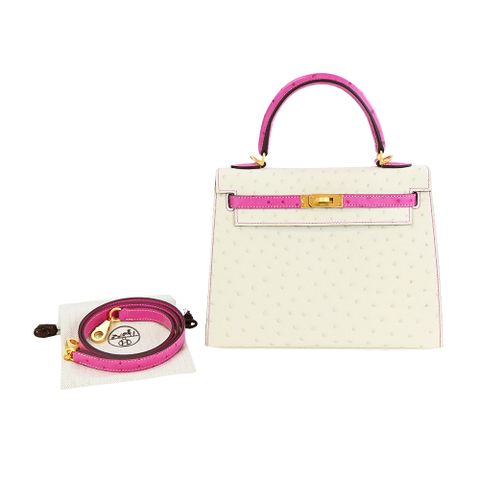 Hermes 愛馬仕Kelly 25cm 鴕鳥皮手提/肩背凱莉包(00粉/U刻/髮絲紋金釦)