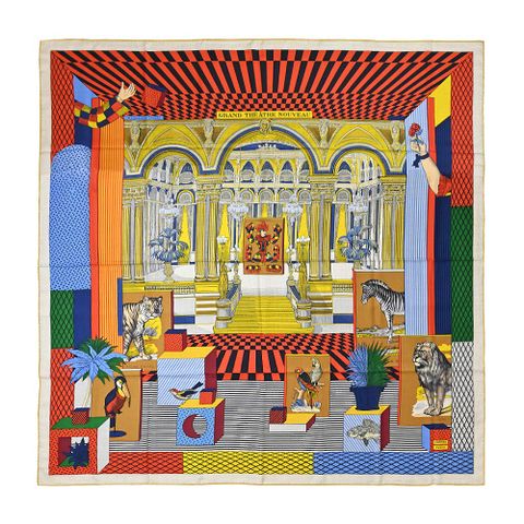 Hermes 愛馬仕 Grand Theatre Nouveau 140大劇院混羊絨披肩/方巾(橘/綠)