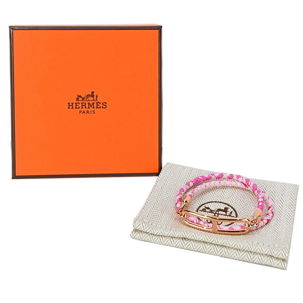 HERMES 愛馬仕  Roulis Double Tour bracelet Astrologie Nouvelle印花真絲編織手環(粉/玫瑰金)