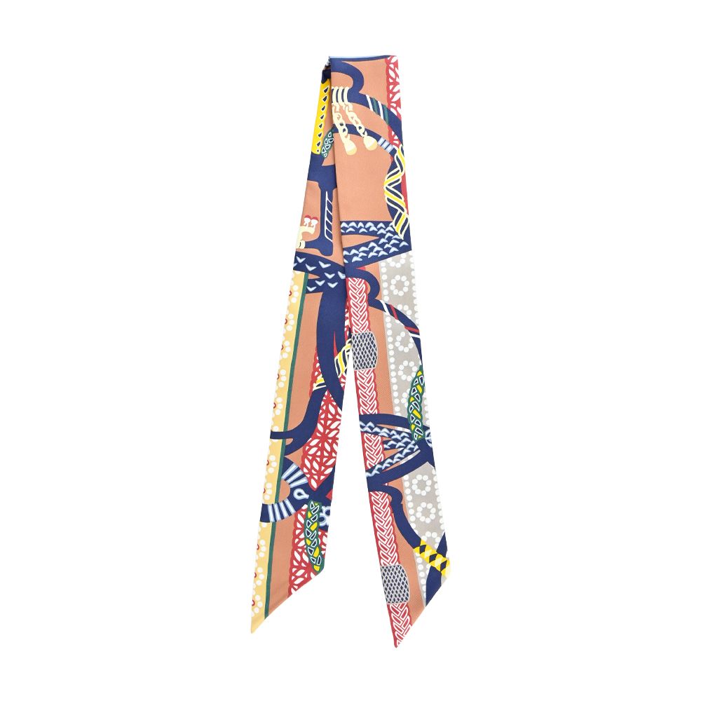 HERMES 愛馬仕 Fantaisie dEtriers收藏品Twilly絲巾(橘/灰/藍)