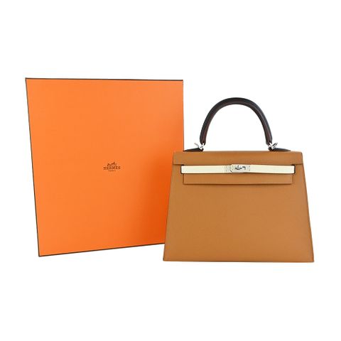 HERMES 愛馬仕 Kelly 25cm Epsom牛皮撞色手提/肩背凱莉包(AA奶茶/藍/巧克力/U刻/銀釦)
