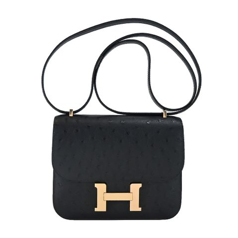 Hermes 愛馬仕Constance 18cm 鴕鳥皮革斜背包(89黑/Z刻/玫瑰金釦)