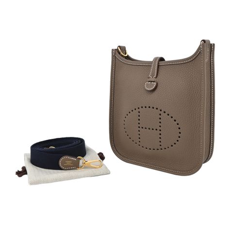 HERMES 愛馬仕 Evelyne 16cm T/C H LOGO迷你牛皮布款背帶斜/肩背包(BF大象灰/U刻/金釦)
