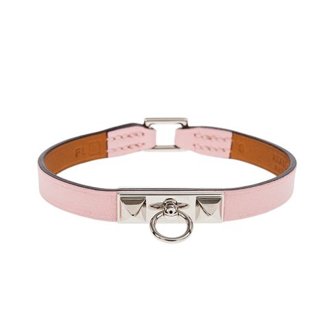 HERMES 愛馬仕 經典Bracelet Rivale Mini系列金屬鉚釘小牛皮細版手環 (粉/銀)