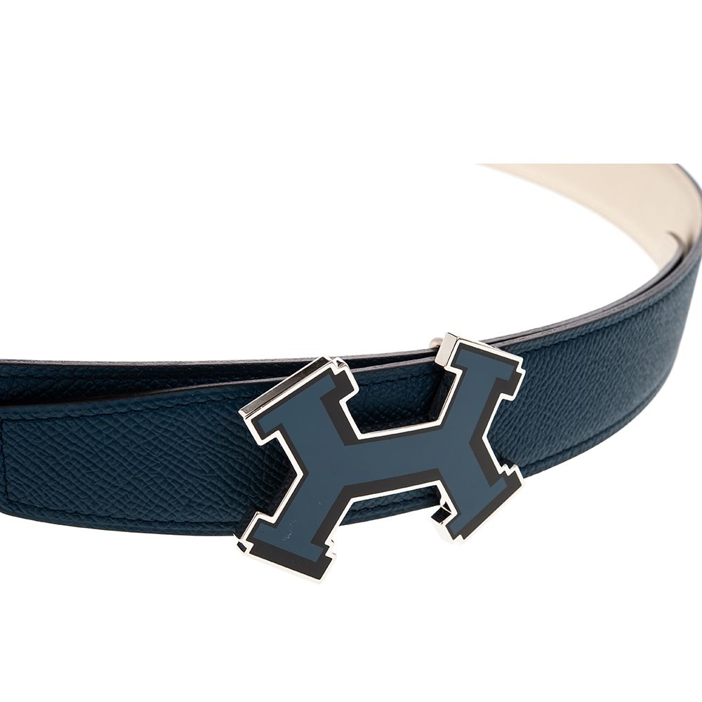 HERMES 愛馬仕  經典不規則銀釦 H LOGO小牛皮腰帶/皮帶 (黑X藍/#105)