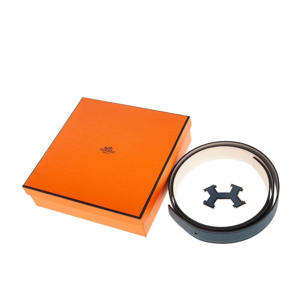 HERMES 愛馬仕  經典不規則銀釦 H LOGO小牛皮腰帶/皮帶 (黑X藍/#105)