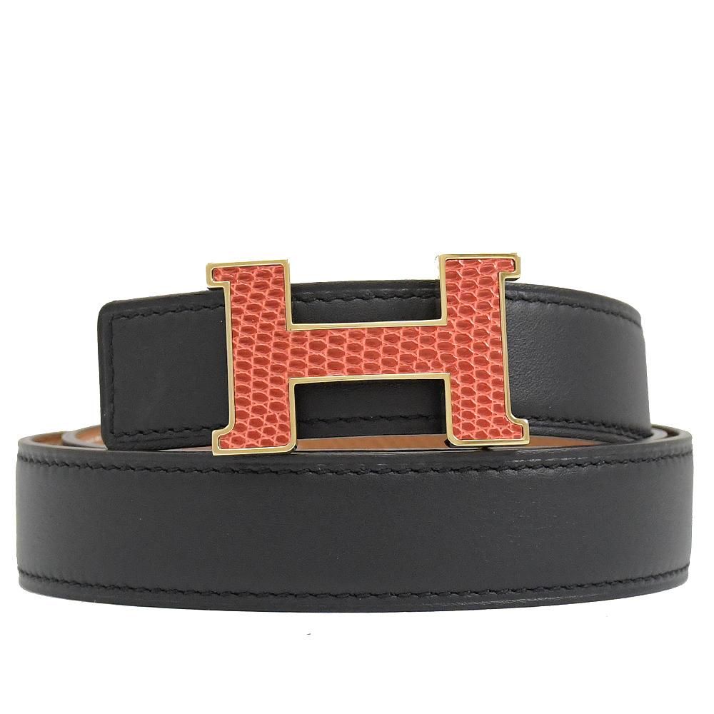 HERMES 愛馬仕  24mm雙面蜥蜴皮釦飾女仕皮帶.黑/咖