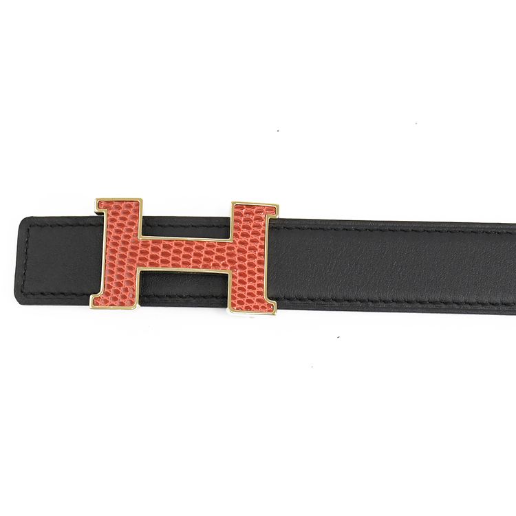 HERMES 愛馬仕  24mm雙面蜥蜴皮釦飾女仕皮帶.黑/咖