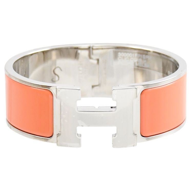 HERMES 愛馬仕  CLIC H LOGO 琺瑯寬版手環.銀/粉橘