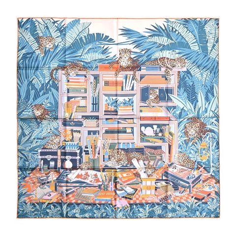 HERMES 愛馬仕 Les Douze Leopards 90 cm手工捲邊斜紋真絲雙面方巾(玫瑰粉/板岩深灰/橘)