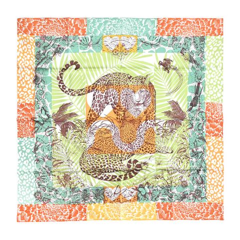 HERMES 愛馬仕 Jungle Love stamped 70 cm手工捲邊斜紋真絲方巾(綠/橙/棕)
