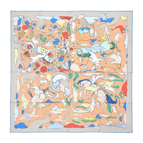 Hermes 愛馬仕 Mille et Un Lapins 90 cm手工捲邊斜紋真絲方巾(淺灰/米金)