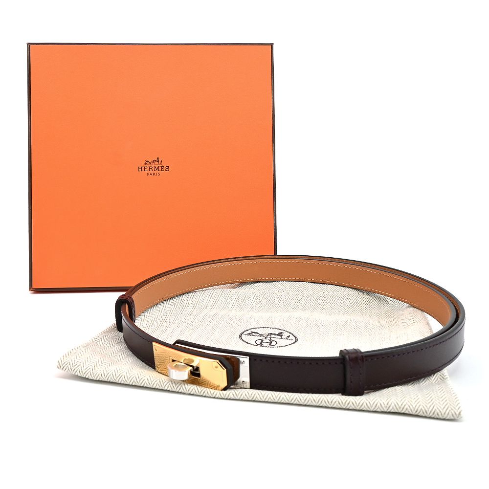 HERMES 愛馬仕 Kelly 18 Duo Hunter 牛皮皮帶(紅棕)