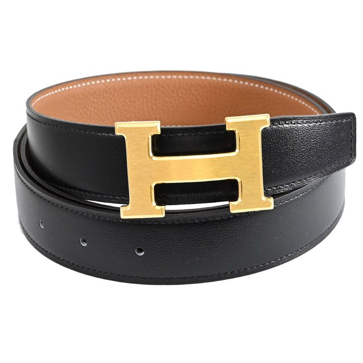HERMES 愛馬仕  30mm經典H金釦雙面牛皮皮帶.黑/咖