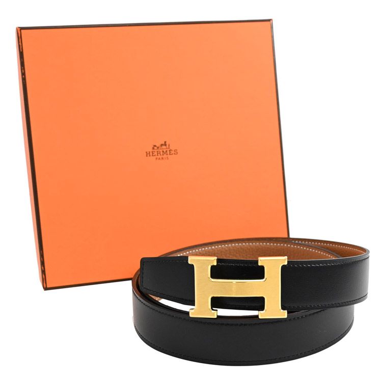 HERMES 愛馬仕  30mm經典H金釦雙面牛皮皮帶.黑/咖