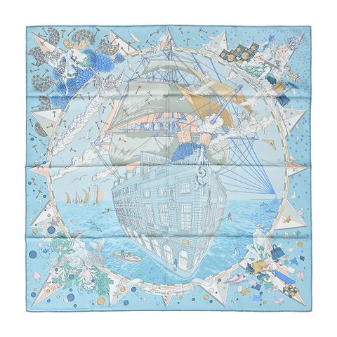 Hermes 愛馬仕 Hermès Flagship 90 cm手工捲邊斜紋真絲方巾(天空藍/灰綠/玫瑰)
