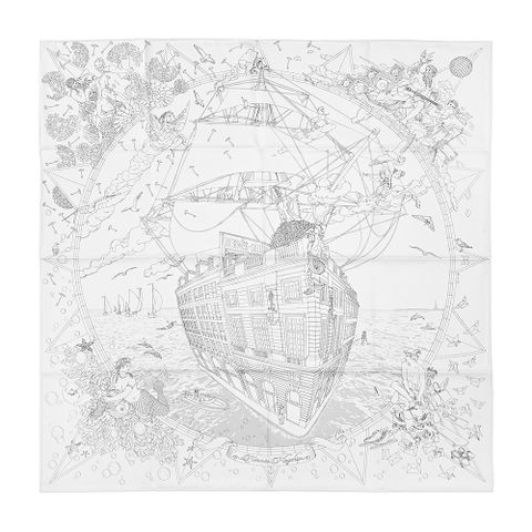 Hermes 愛馬仕 Hermès Flagship 90 cm手工捲邊斜紋真絲方巾(亮白/黑/灰)