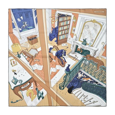 Hermes 愛馬仕 Mystere au 24 90 cm手工捲邊斜紋真絲方巾(駝/綠/白)