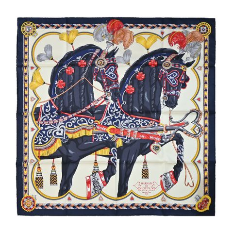 Hermes 愛馬仕 Harnais de Coeur 90 cm手工捲邊斜紋真絲方巾(黑藍/奶油/炭灰)