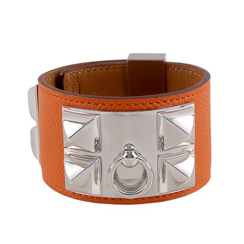 HERMES EPSOM皮 鉚釘銀釦CDC手環 (S)(橘色)_展示品 HE44000068