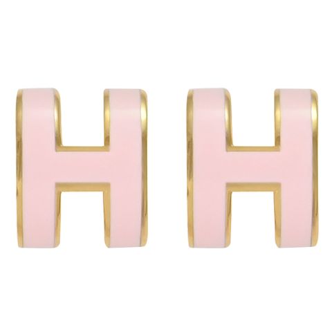 HERMES MINI POPH 經典H LOGO橢圓銀飾耳環.金/糖果粉