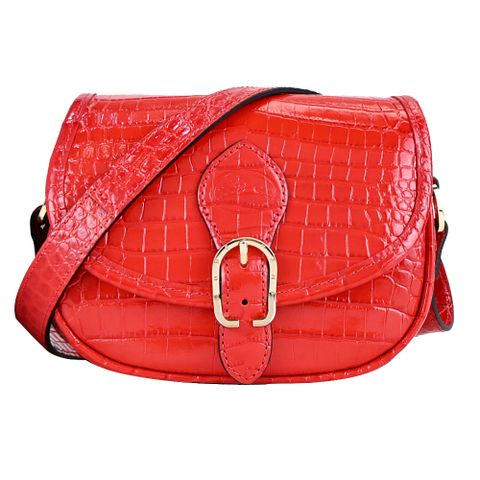 LONGCHAMP 1980系列鱷魚紋牛皮亮面翻蓋斜背馬鞍包(迷你/紅)